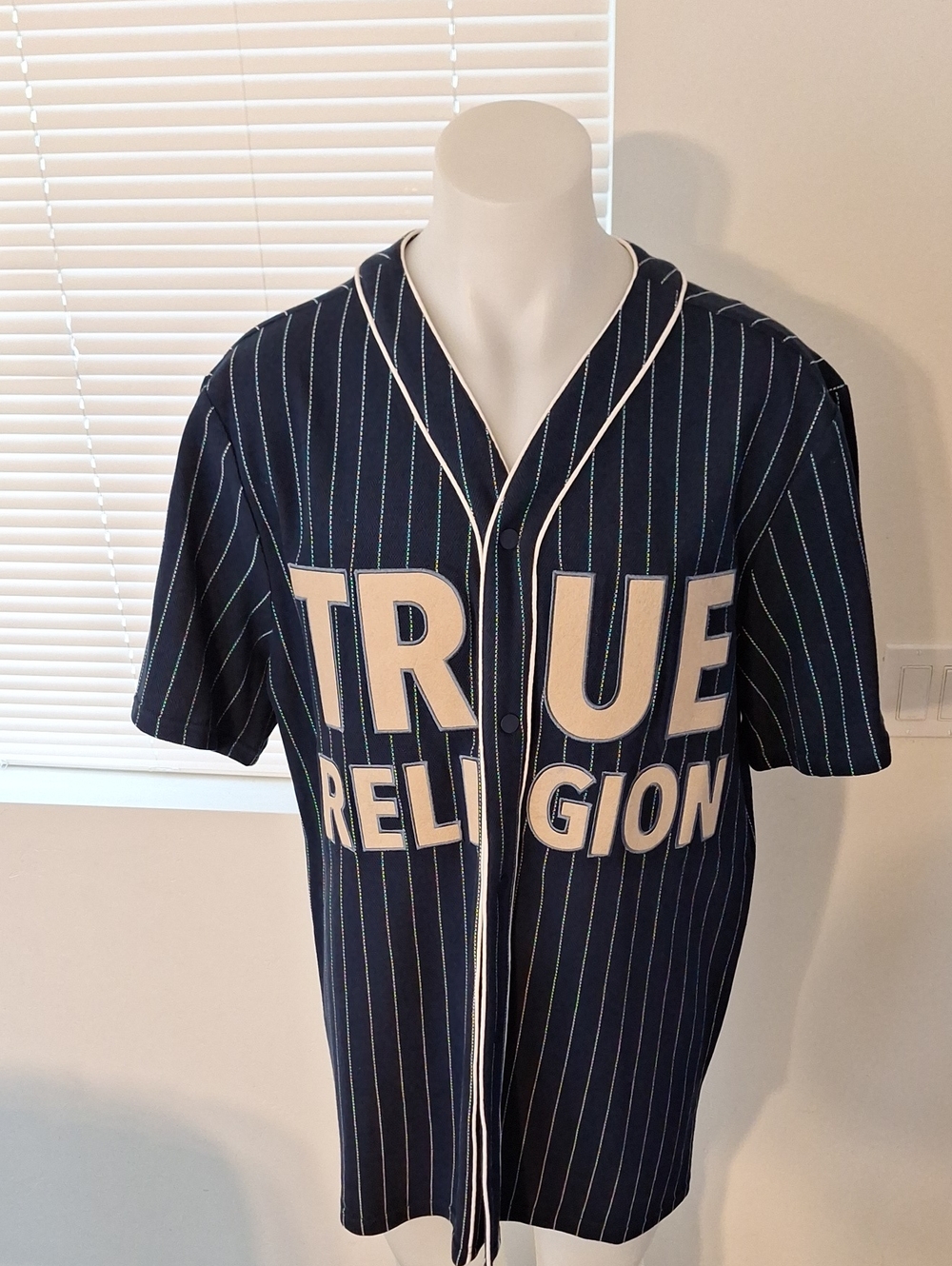 True Religion Navy Pinstripe Baseball Jersey with White Logo Panels